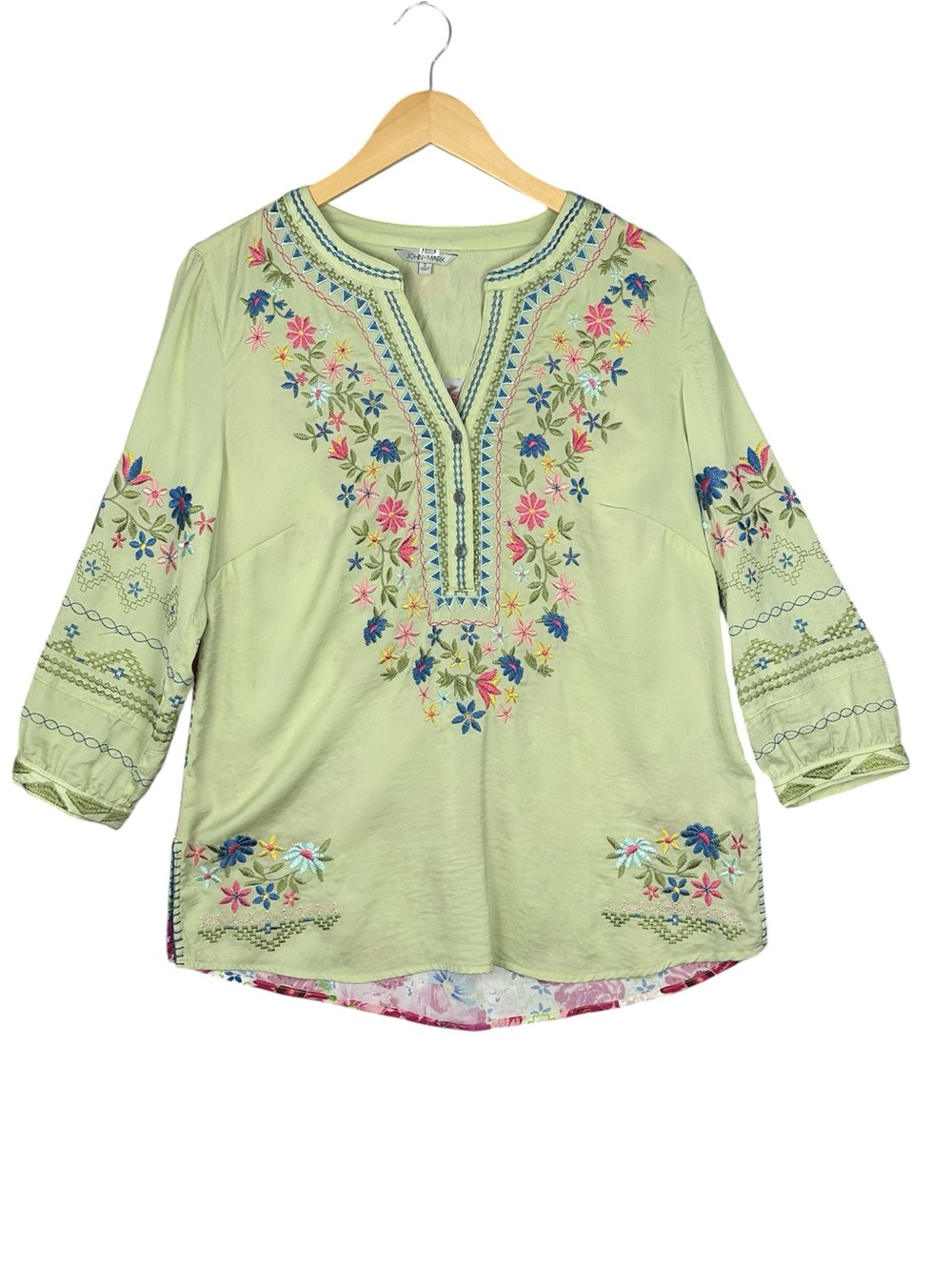 John Mark Floral Embroidered Tie Dye Tunic Blouse Boho 3/4 Sleeve Y-Neck Small